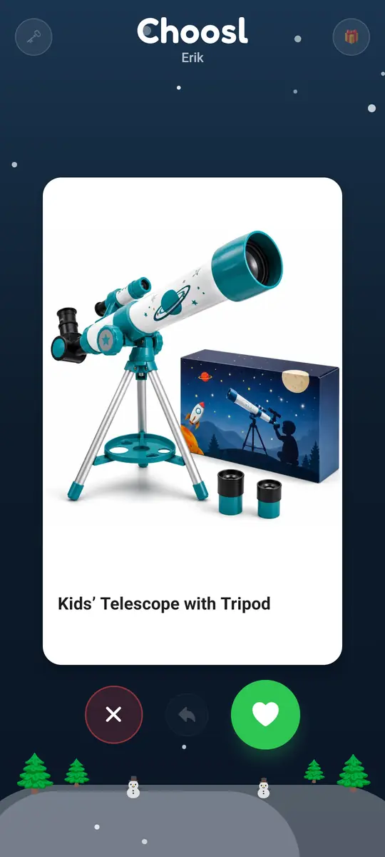 L'écran de l'enfant montrant un télescope pour enfants, avec les boutons passer, annuler et aimer.